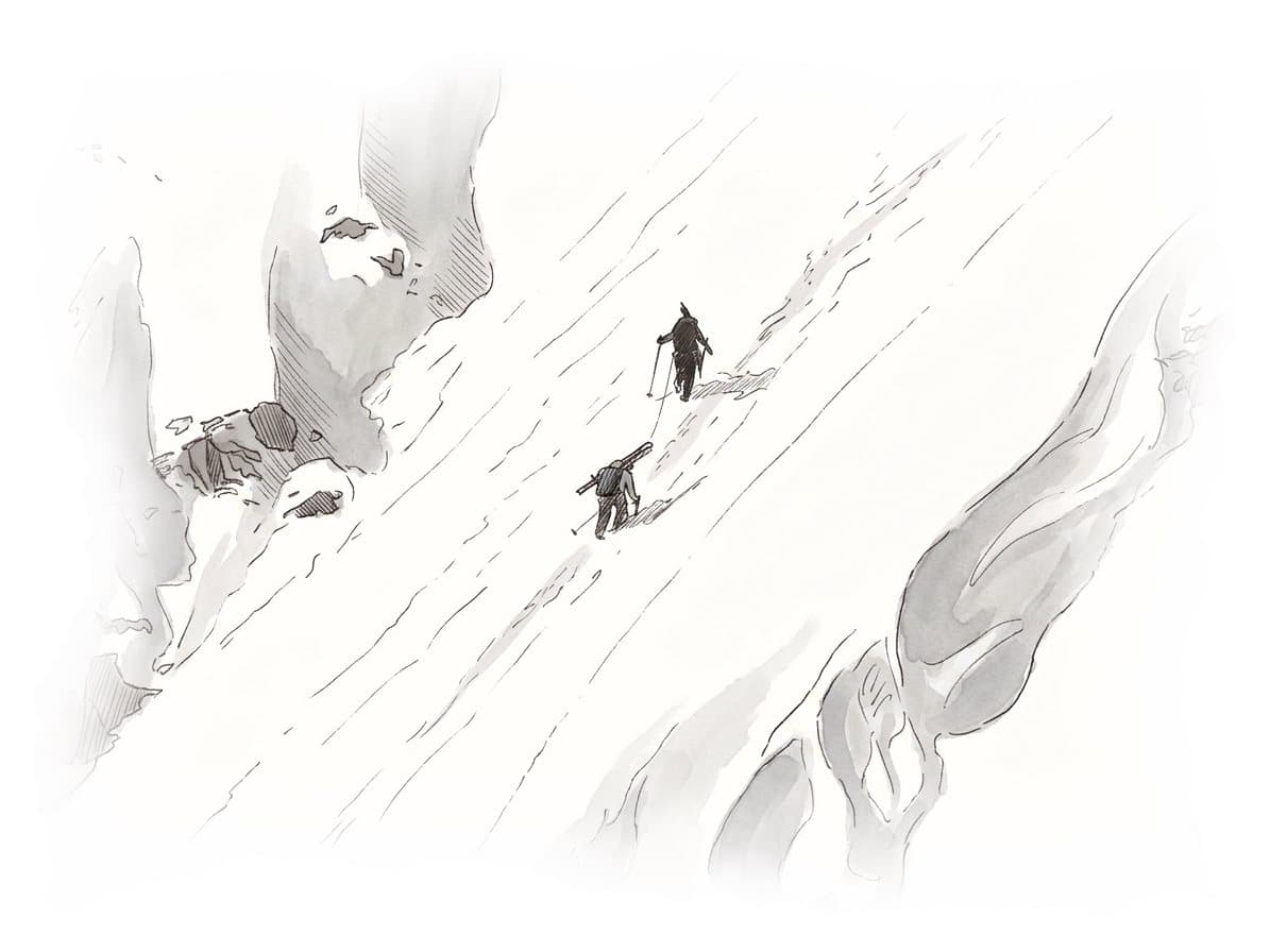 Ink and wash painting of Garibaldi Neve Traverse.