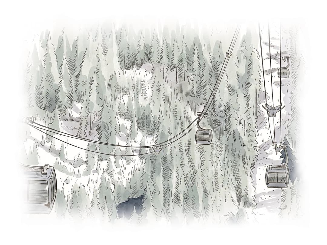 Ink and wash painting of Peak 2 Peak Gondola.
