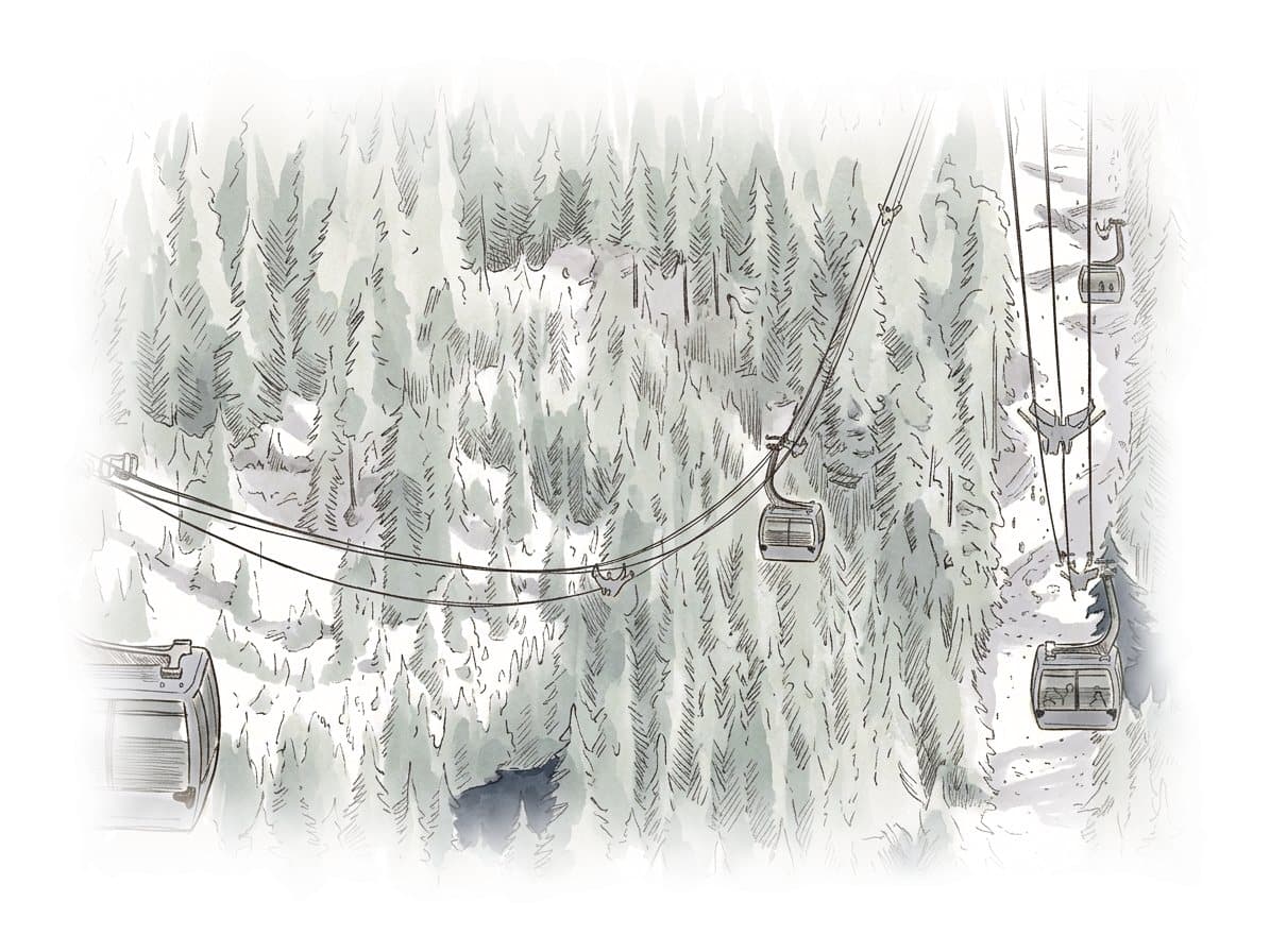 Ink and wash painting of Peak 2 Peak Gondola.