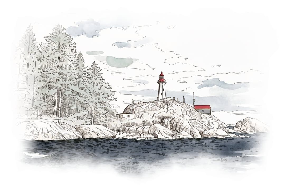 Ink and wash painting of Lighthouse Park.