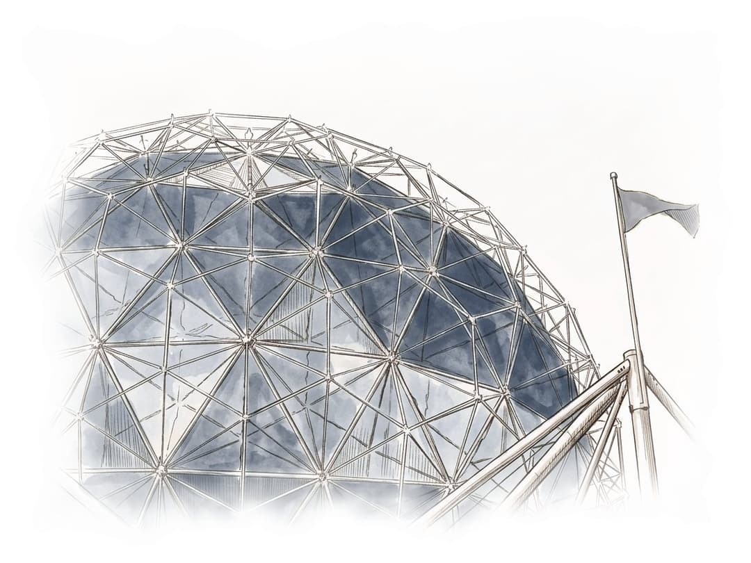 Ink and wash painting of Science World.
