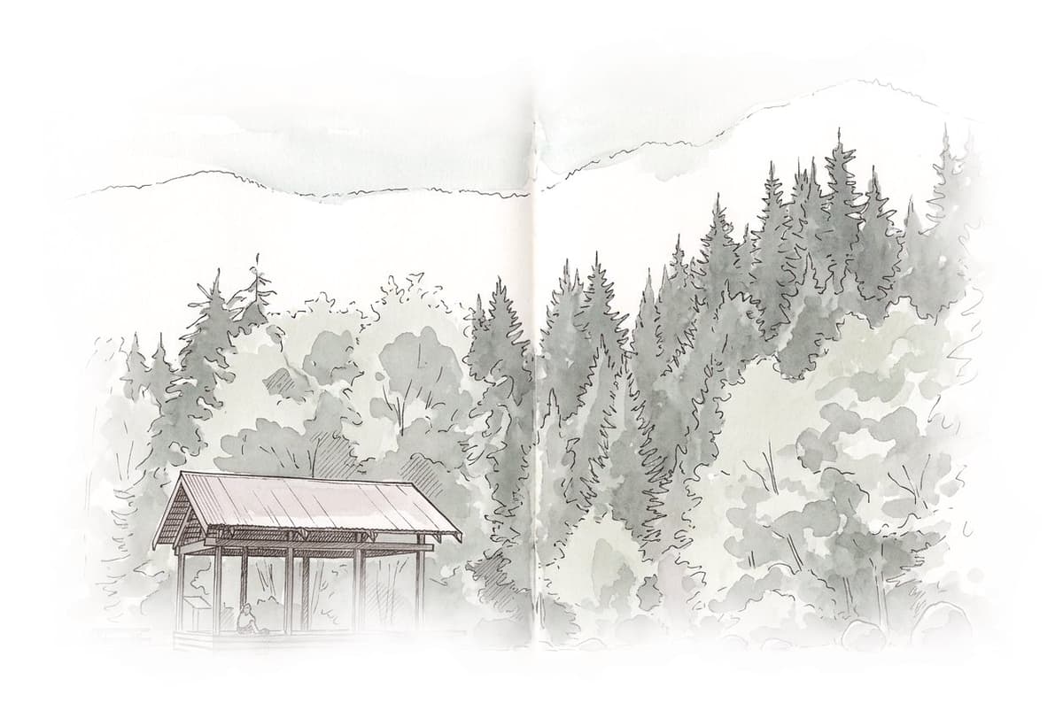 Ink and wash painting of Seymour Valley Trailway.