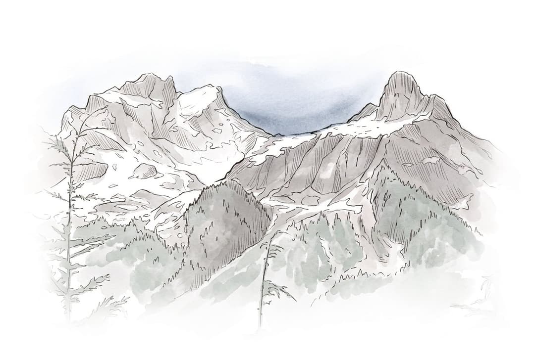 Ink and wash painting of Sea to Sky Gondola backcountry and Sky Pilot.