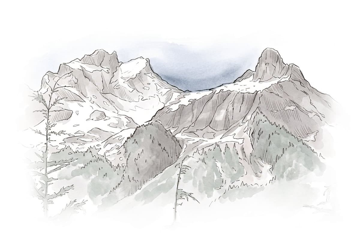 Ink and wash painting of Sea to Sky Gondola backcountry and Sky Pilot.