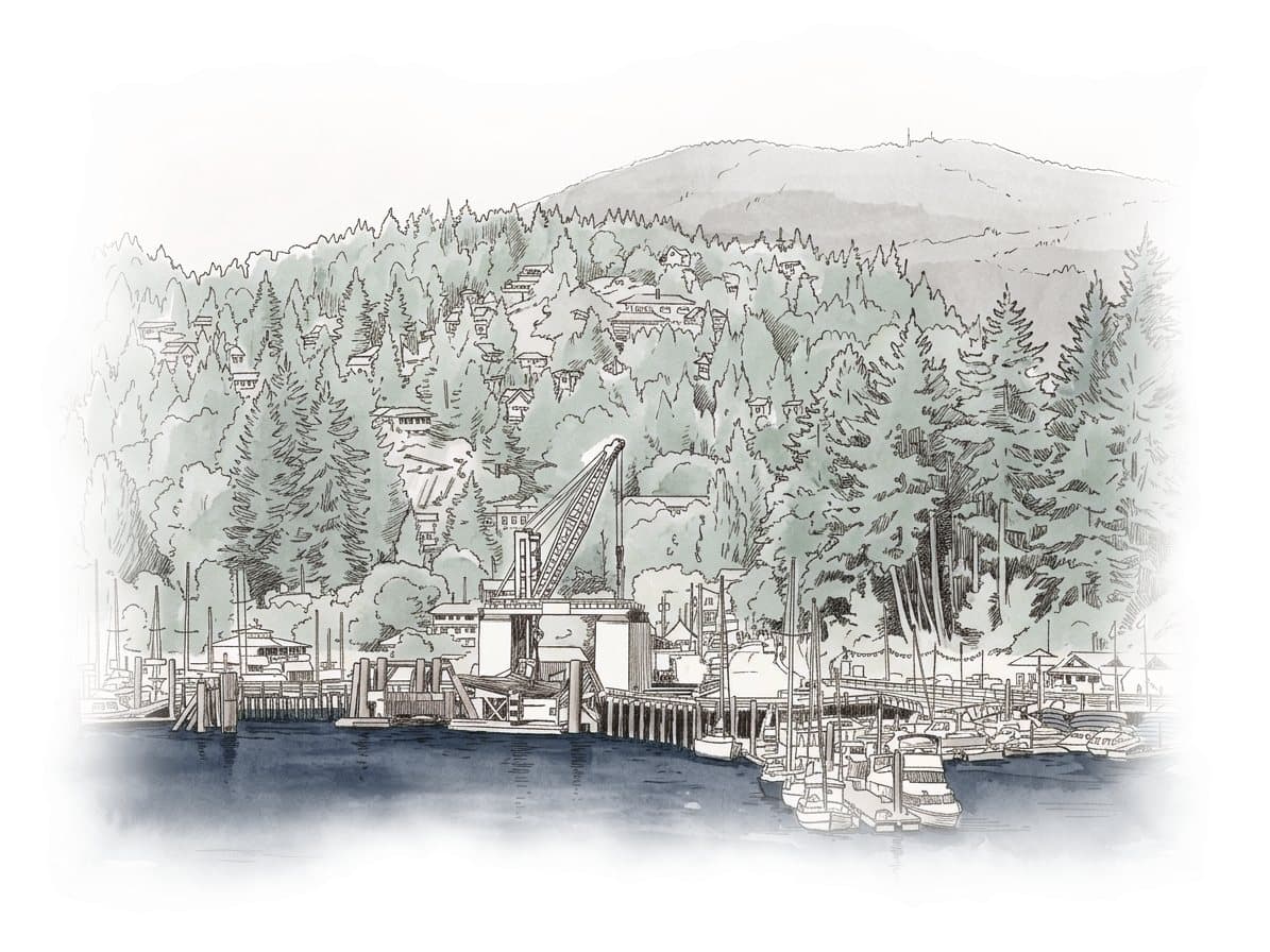 Ink and wash painting of Snug Cove.