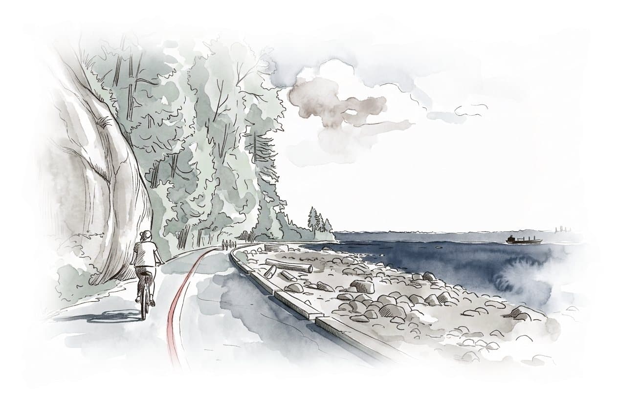 Ink and wash painting of Stanley Park Seawall.