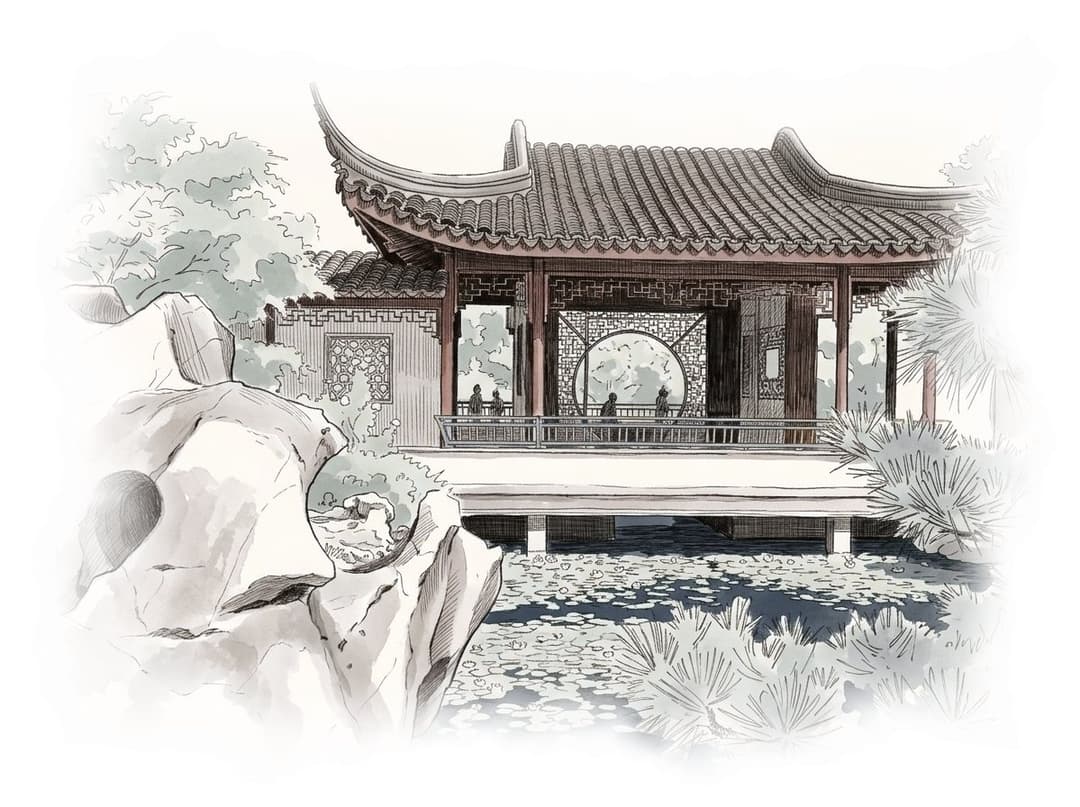 Ink and wash painting of Dr. Sun Yat-Sen Classical Chinese Garden.