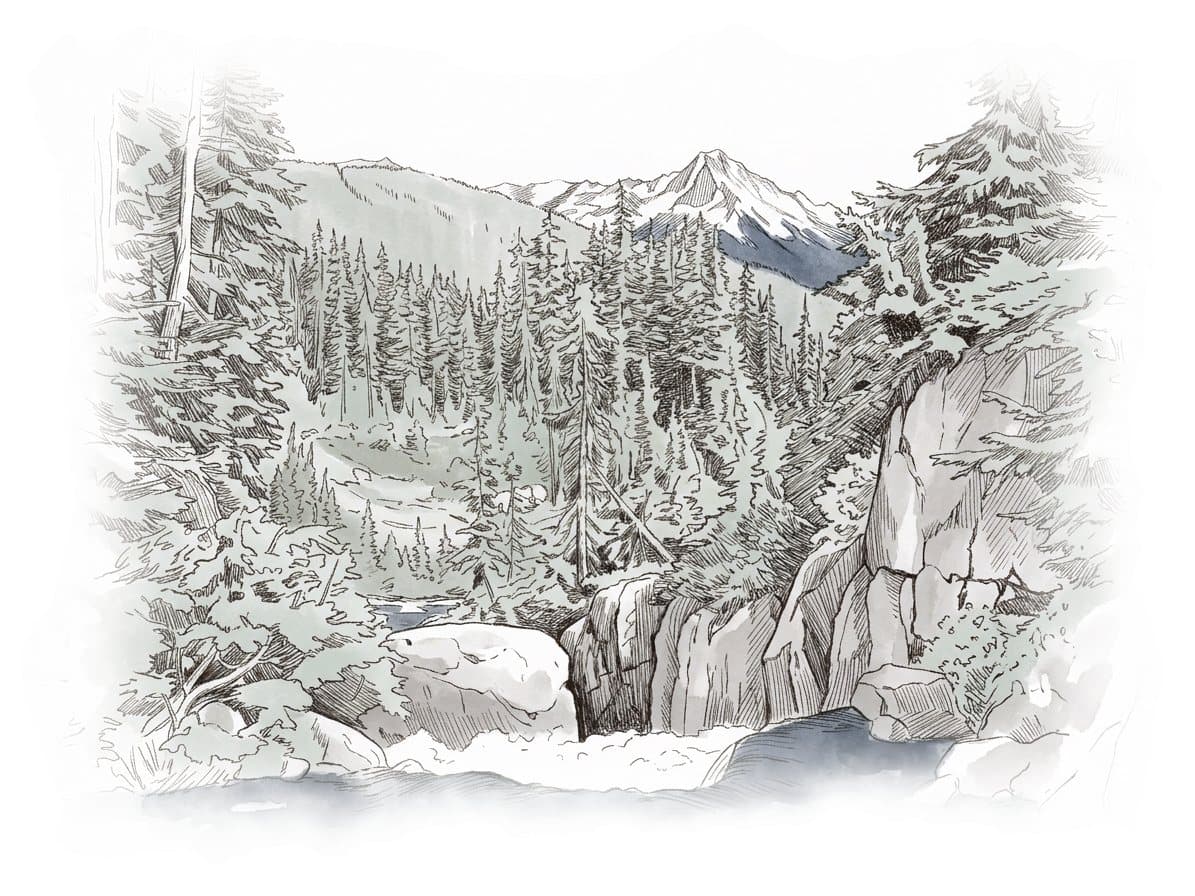Ink and wash painting of Whistler Alpine.