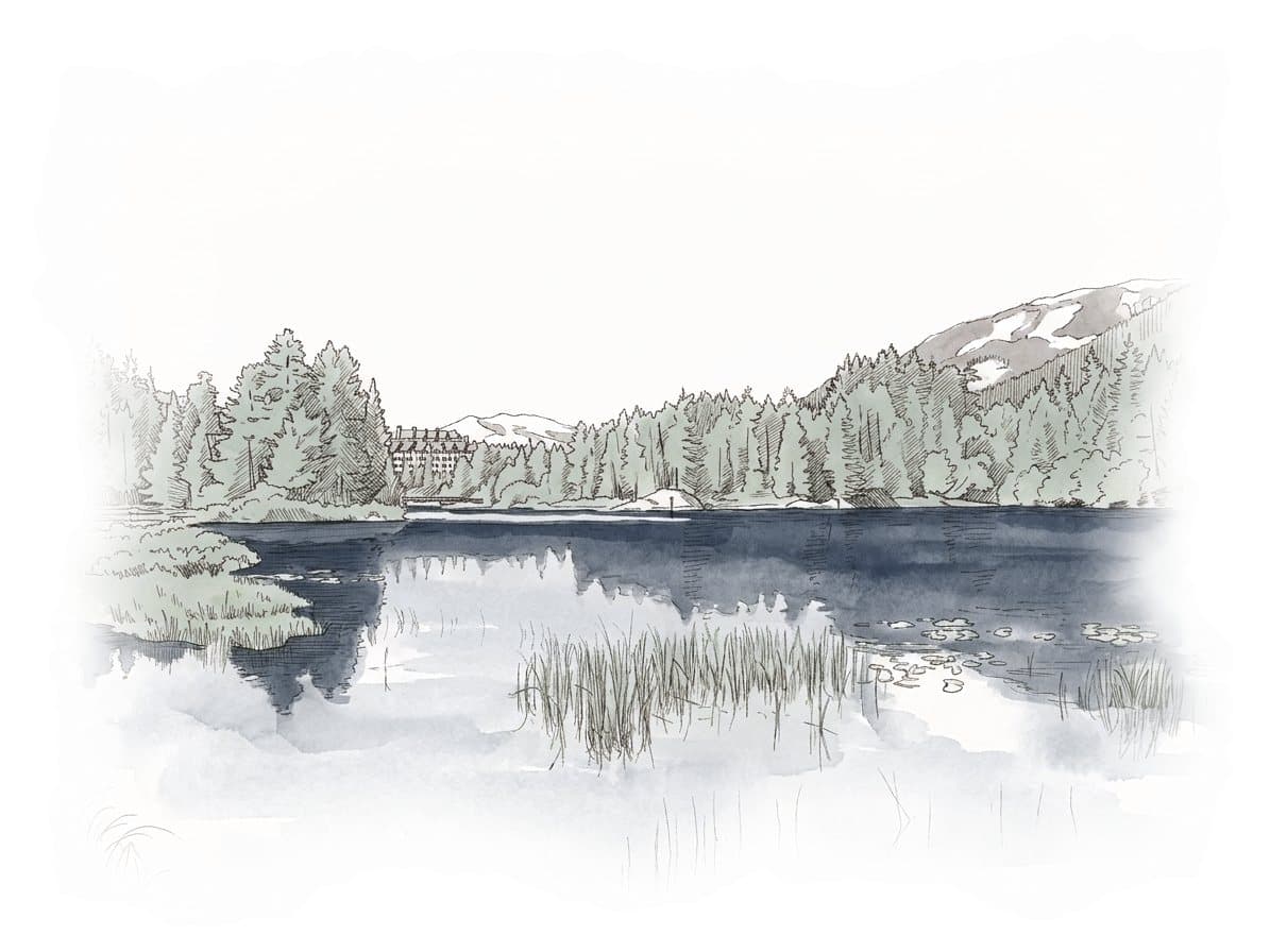 Ink and wash painting of Valley Trail from Whistler Village to Cheakamus Crossing.