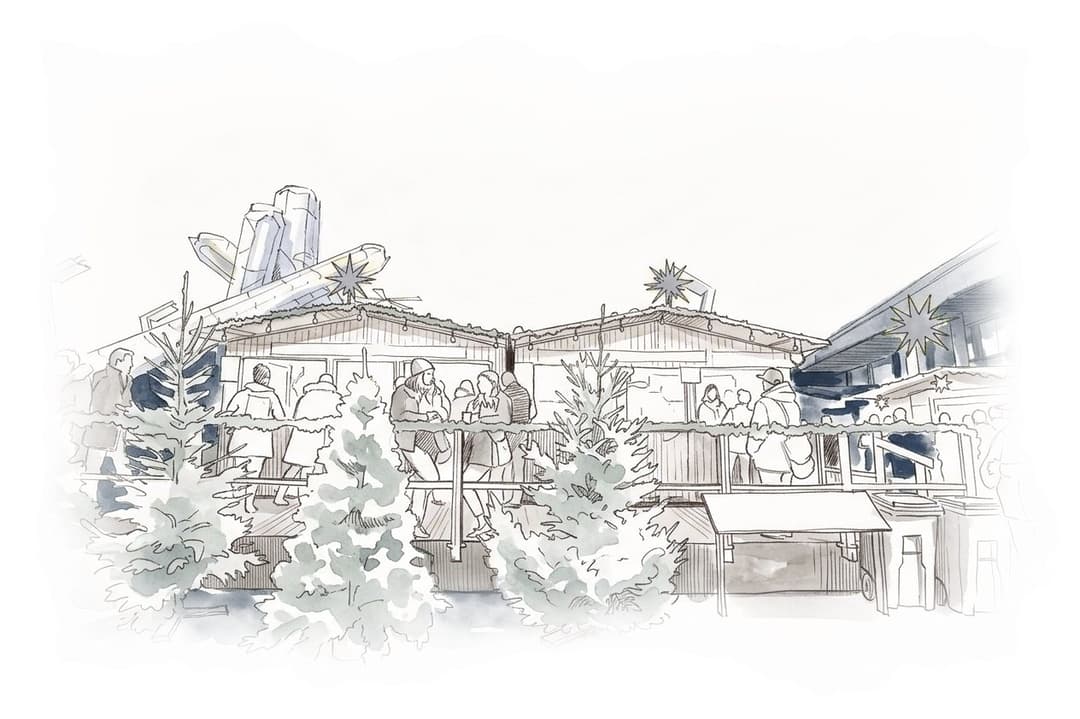 Ink and wash painting of Vancouver Christmas Market.