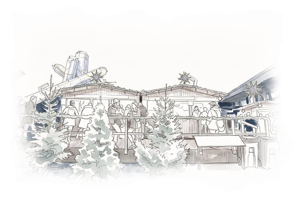 Ink and wash painting of Vancouver Christmas Market.