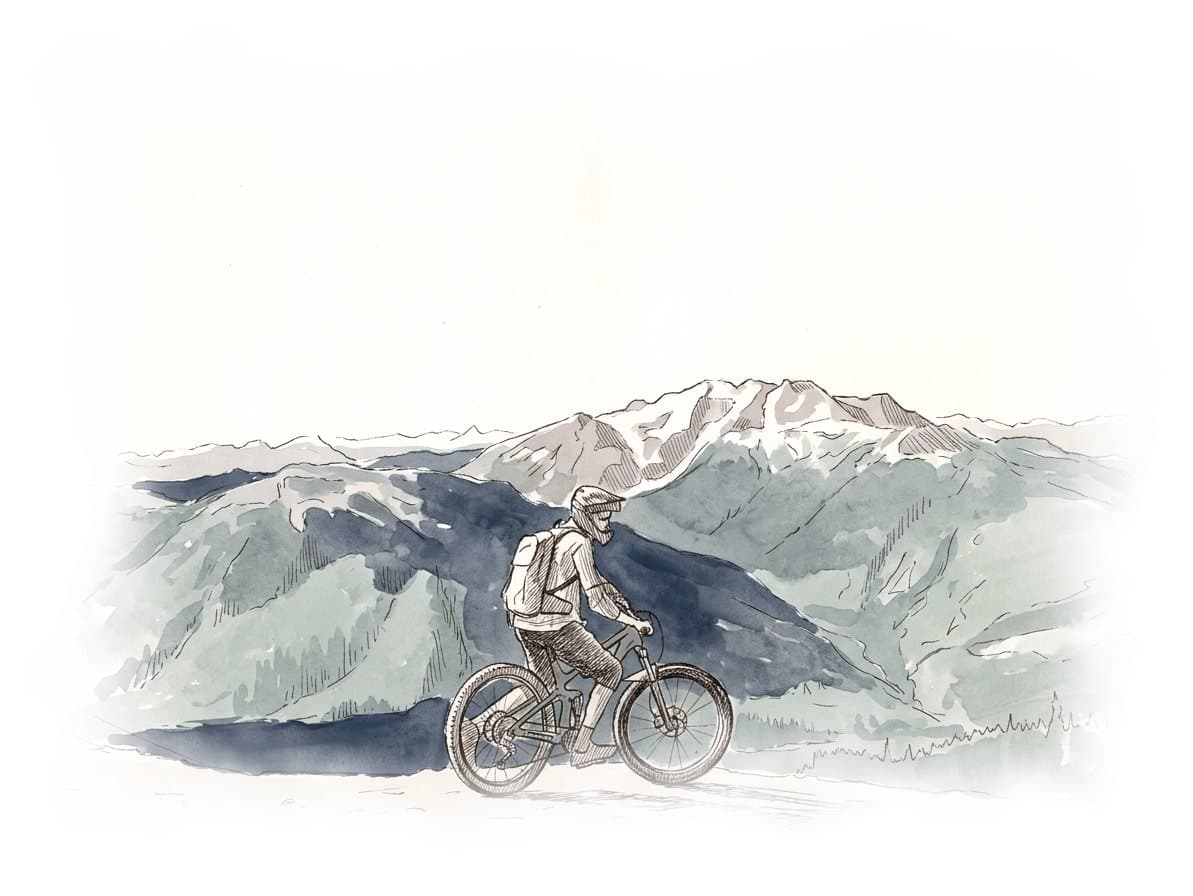 Ink and wash painting of Whistler Mountain Bike Park.