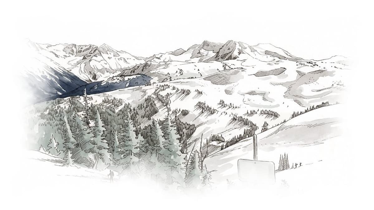 Ink and wash painting of Whistler Blackcomb backcountry access.