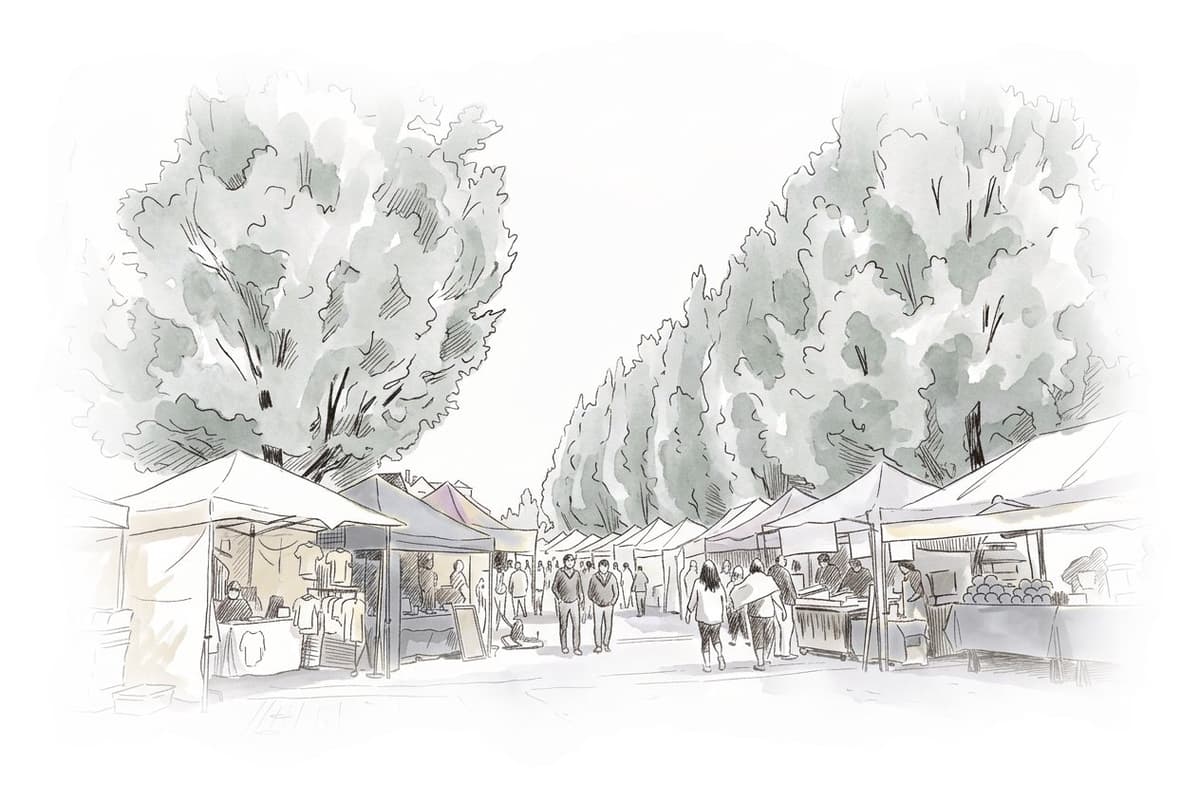Ink and wash painting of Whistler Farmers Market.