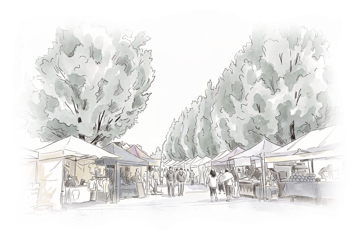 Ink and wash painting of Whistler Farmers Market.