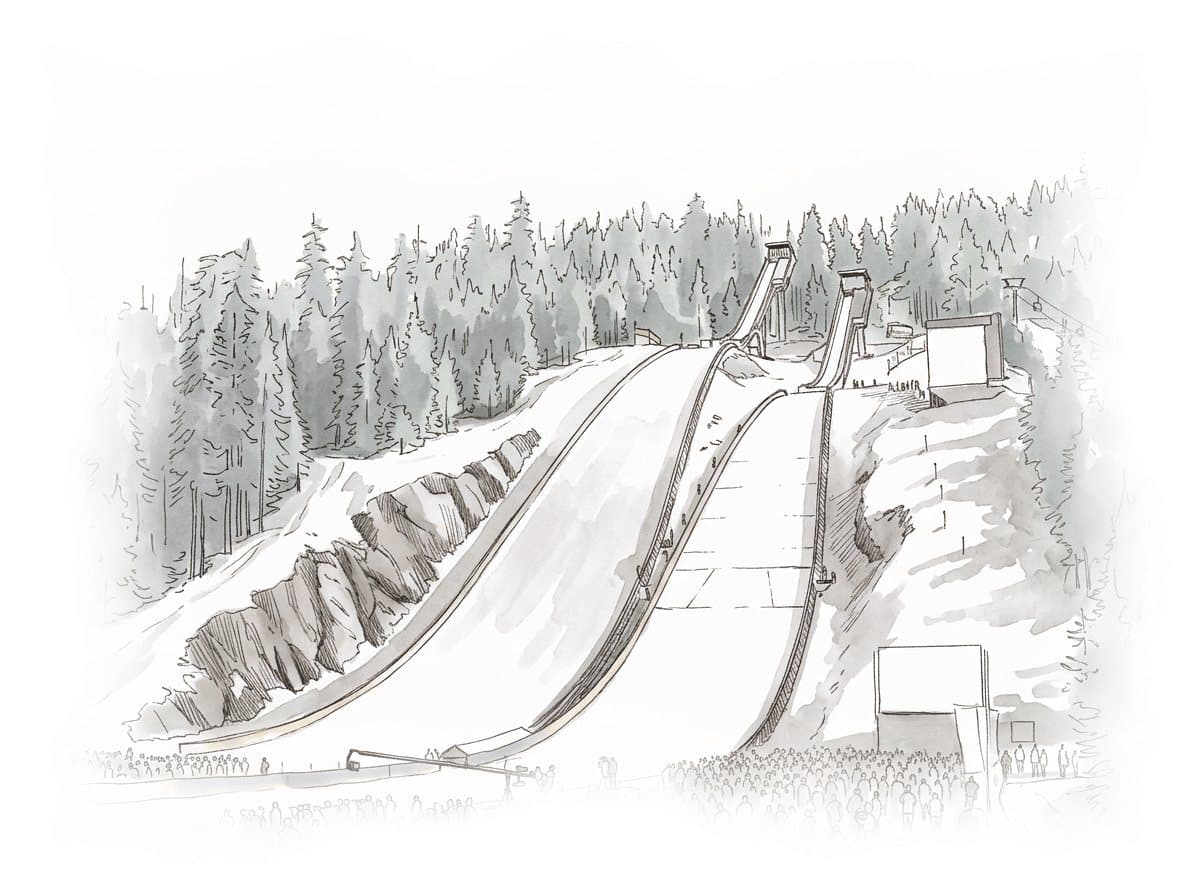 Ink and wash painting of Whistler Olympic Park.