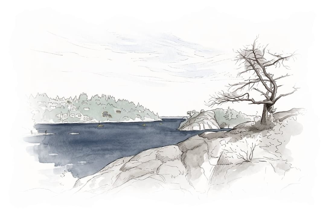 Ink and wash painting of Whytecliff Park.