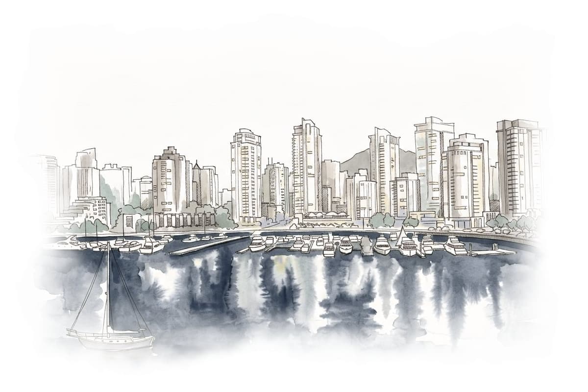 Ink and wash painting of Yaletown.
