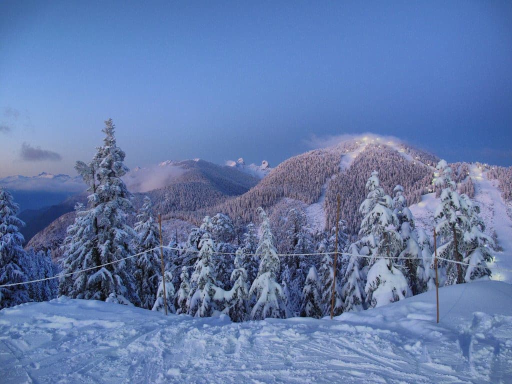 Mount Strachan catches the last light at dusk behind a row of snow-loaded firs at Cypress.