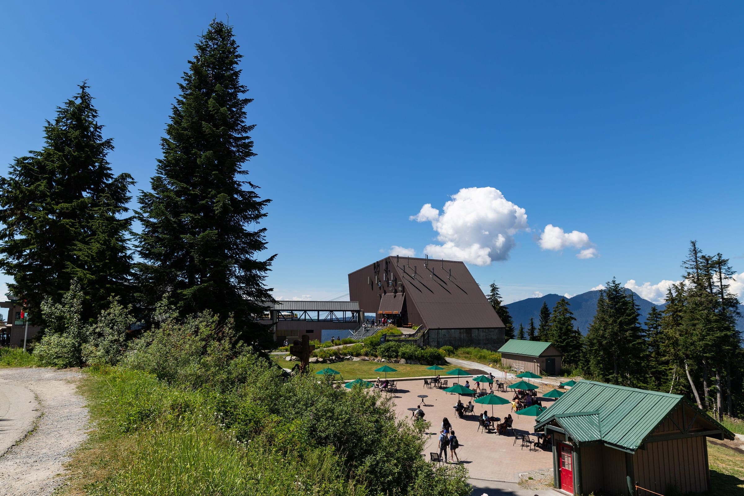 Grouse Mountain's base station sits among firs on a clear summer day in North Vancouver.
