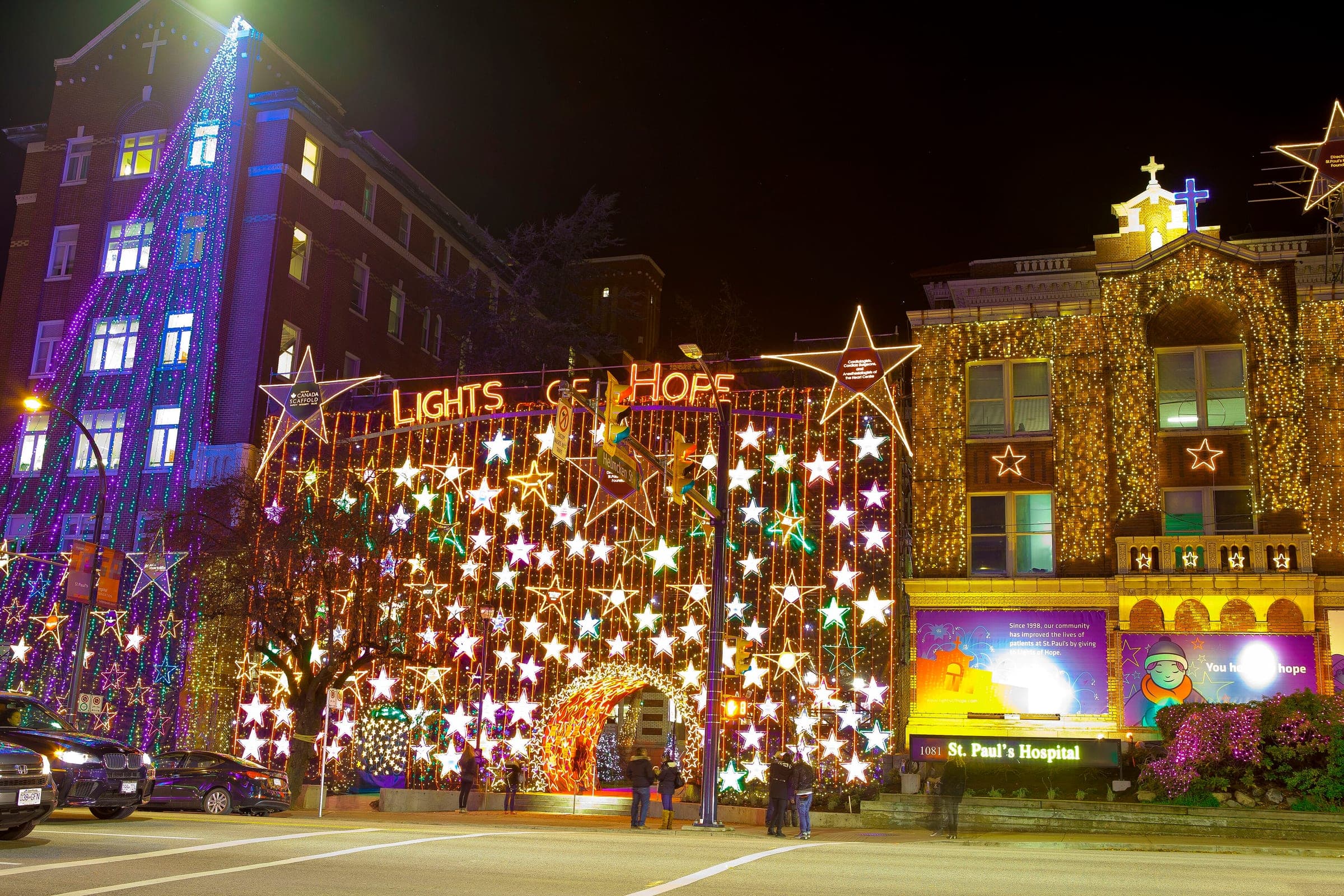 Thousands of lights and stars cover the facade of St. Paul's Hospital on Burrard Street for Lights of Hope.