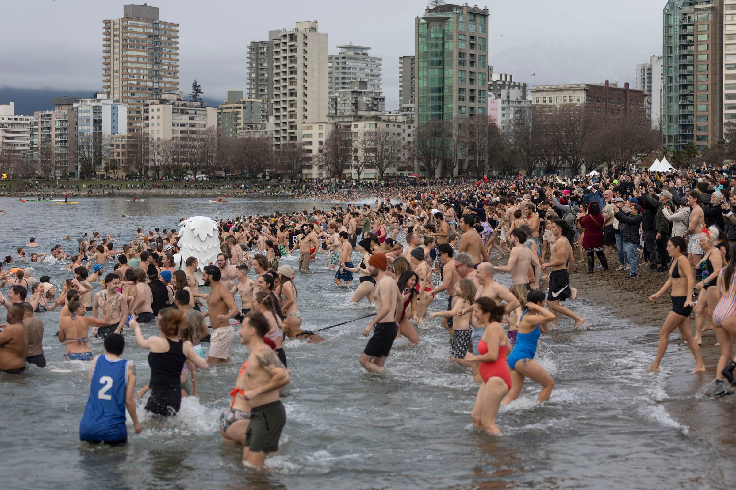 Hundreds of swimmers splash into English Bay below the West End towers at the 2025 Polar Bear Swim.