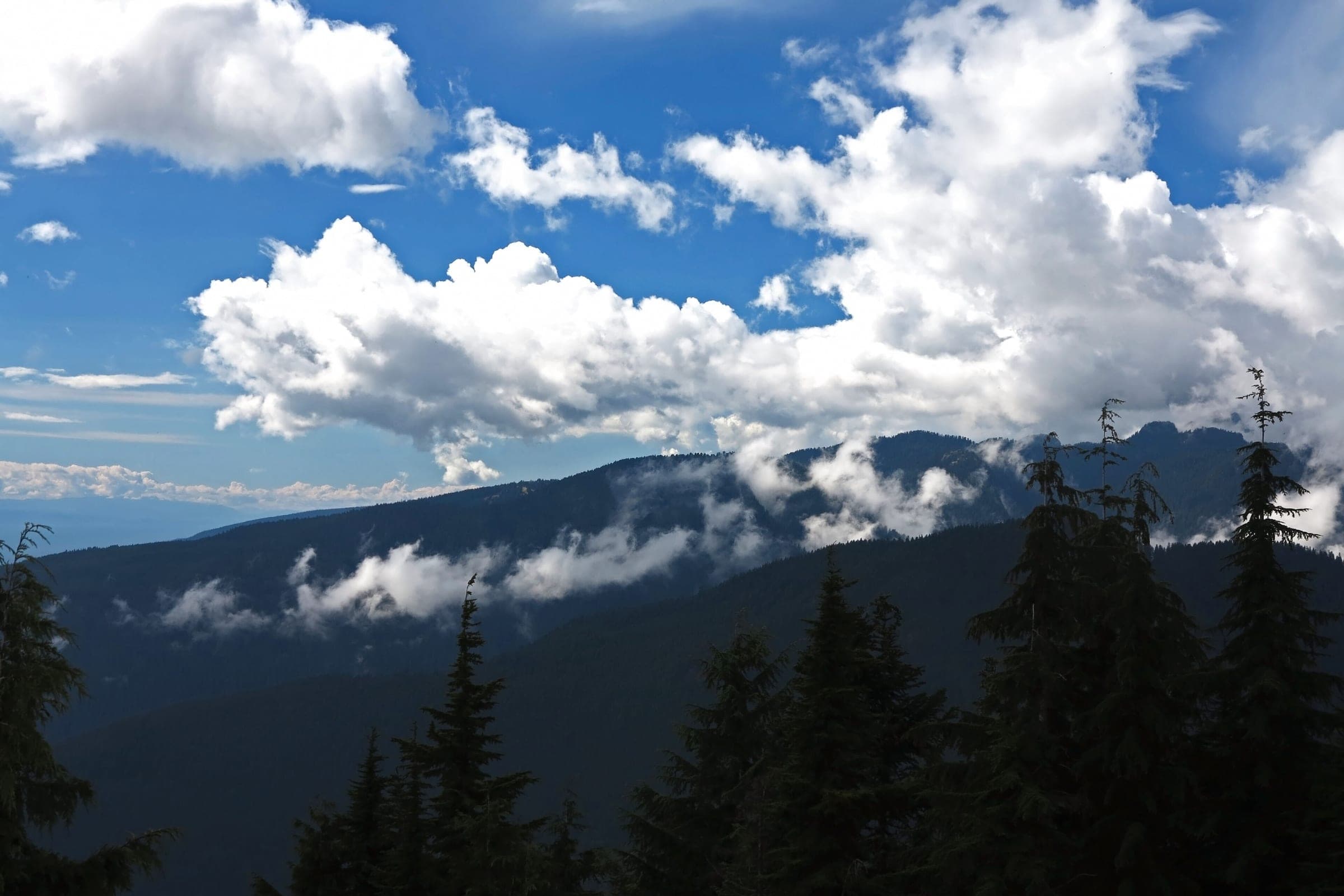 Clouds drift over the forested ridges of the North Shore in the view from Dog Mountain on Mount Seymour.