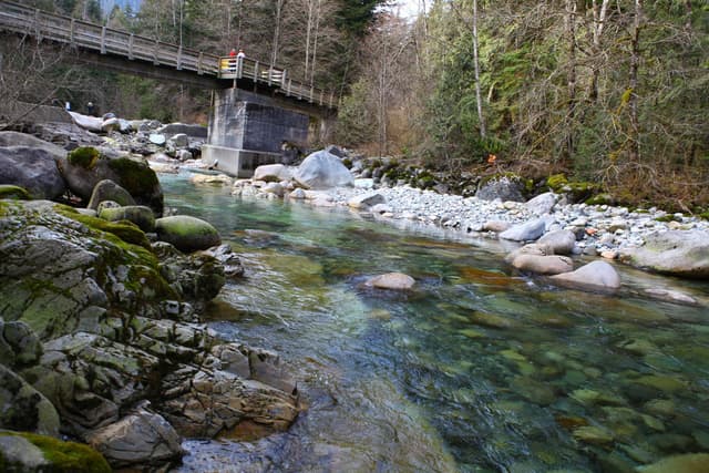 Clear green Lynn Creek runs over boulders below the footbridge at the start of Lynn Headwaters Regional Park.