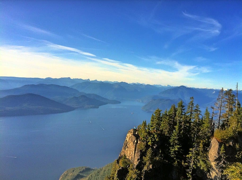 Howe Sound winds north between ridges below the forested bluffs of St. Marks Summit on the Howe Sound Crest Trail.