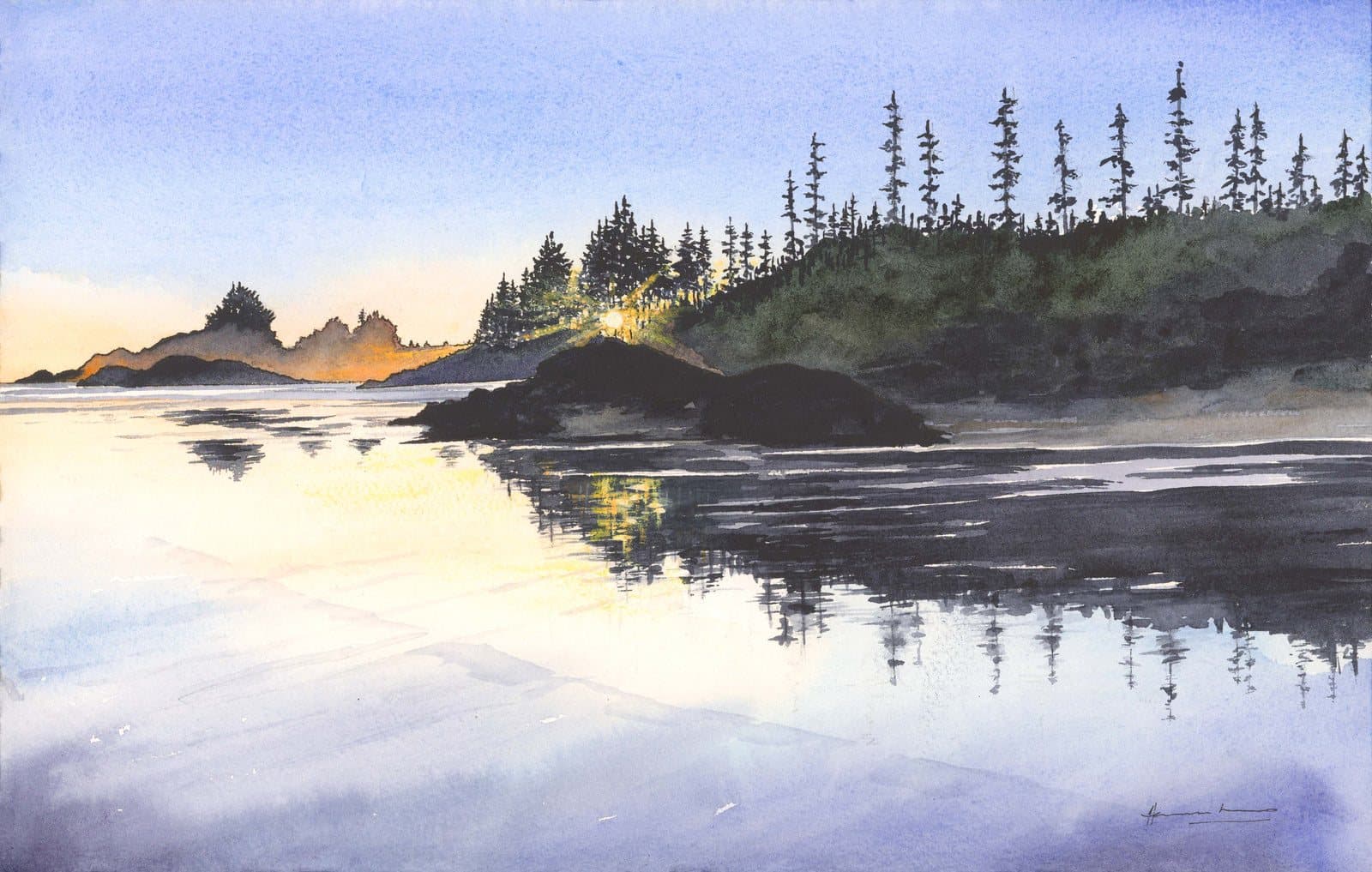A Hilary Morris watercolour of a still inlet at dusk, with a treed point mirrored in the water.