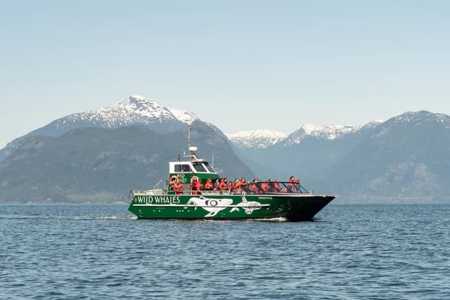 The green Wild Whales Vancouver boat carries passengers on open water below snowy mountains.