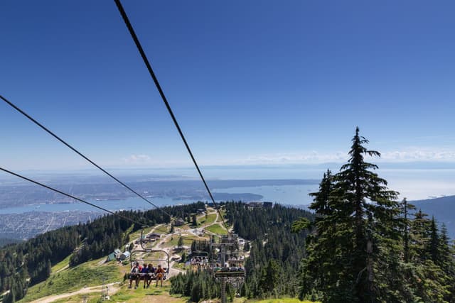 Riders on the Grouse Mountain Peak Chair look out over the summit lodge, the city and the Strait of Georgia.