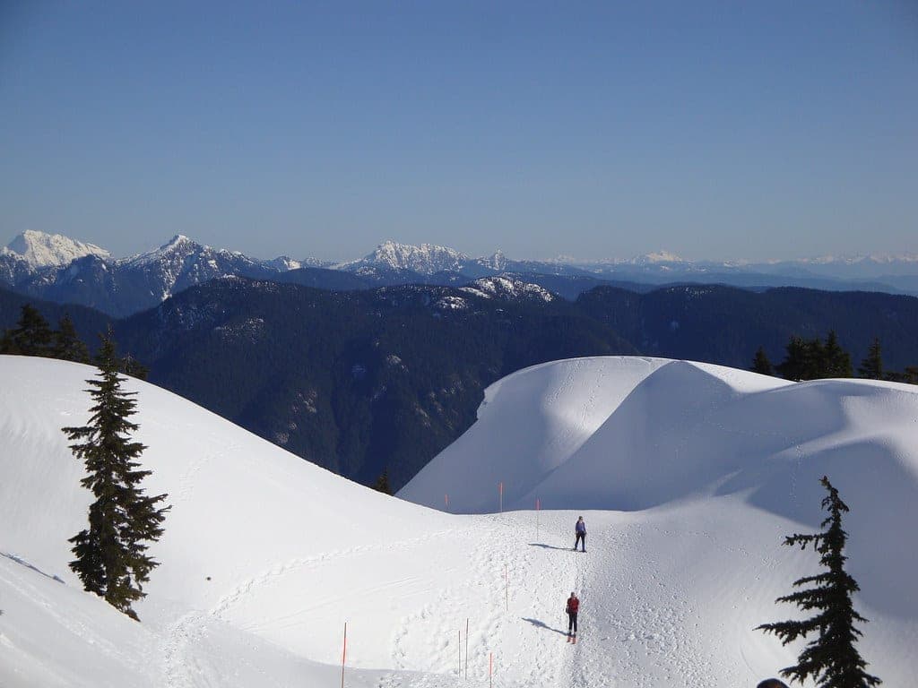 Snowshoers climb a marked trail between snow domes on Mount Seymour with the Coast Mountains behind.