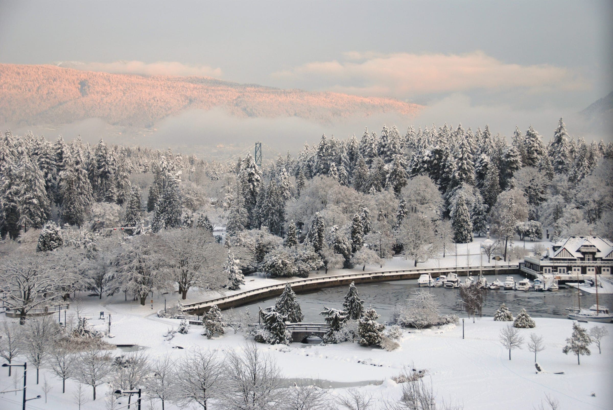 Deep snow covers the trees and paths of Stanley Park as pink light touches the North Shore mountains.