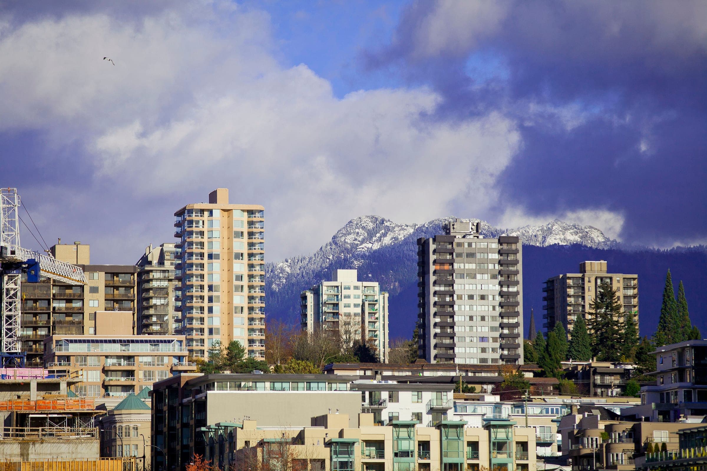 Fresh snow whitens the peaks behind the apartment towers of North Vancouver's waterfront on a bright November day.