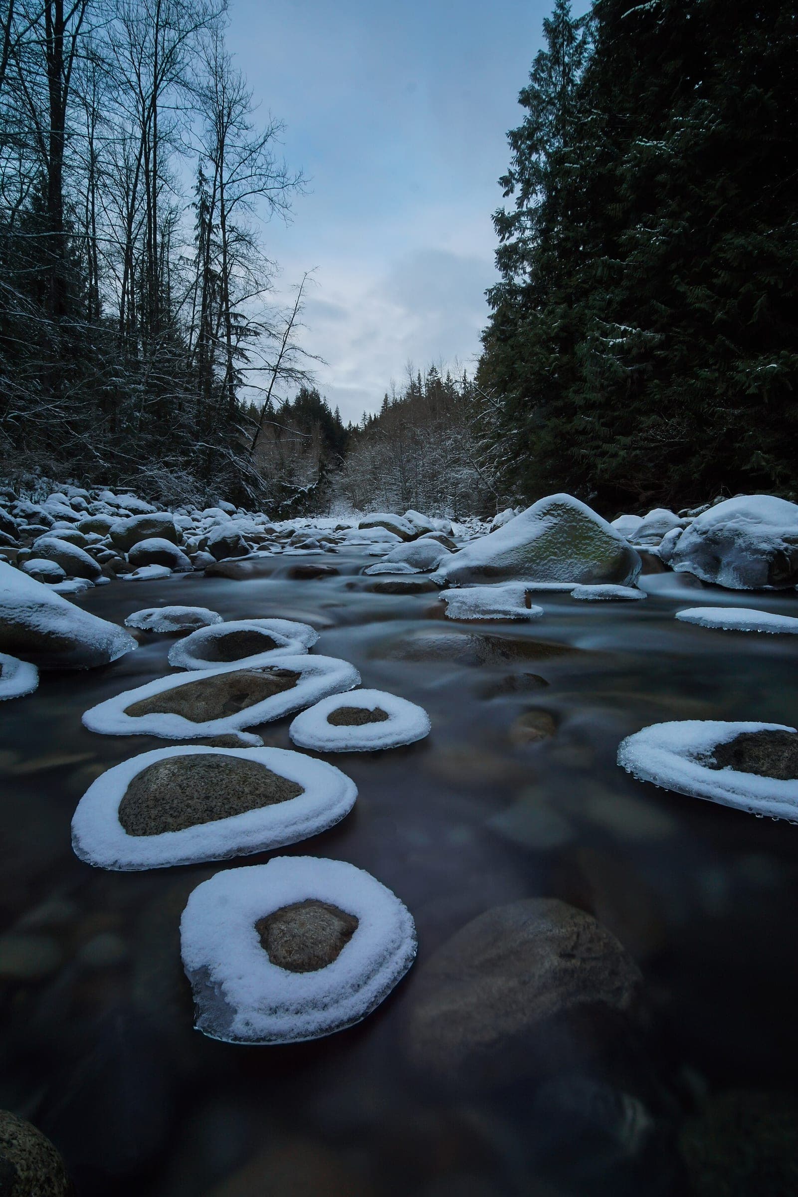 Snow caps the boulders in Lynn Creek as the water runs dark through Lynn Canyon Park at dusk.