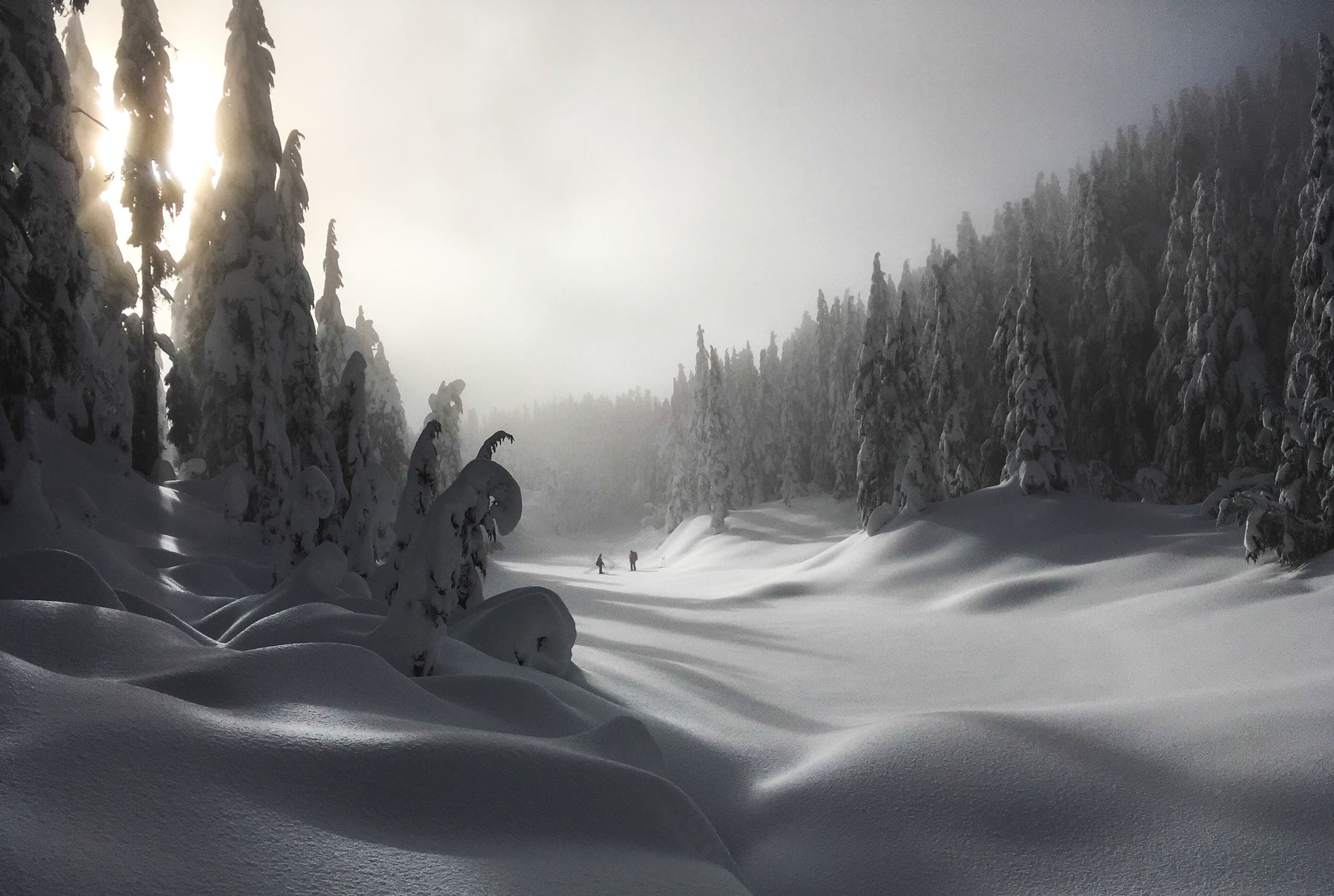 Two snowshoers cross the buried Theagill Lake on Black Mountain as low sun breaks through snow-loaded firs.