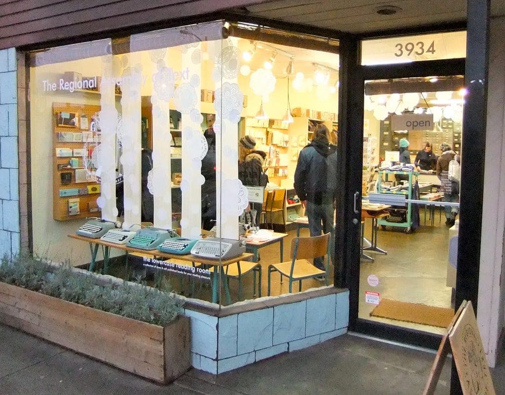 Typewriters line the front window of The Regional Assembly of Text at 3934 Main Street in Vancouver.