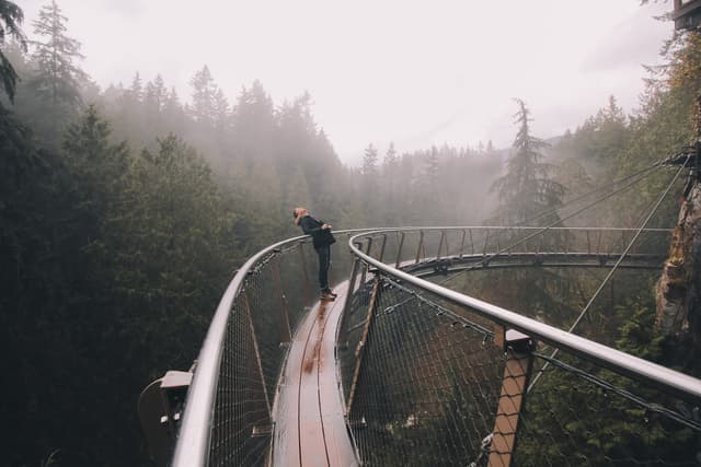 The Cliffwalk at Capilano Suspension Bridge Park curves over the canyon as mist hangs in the firs.