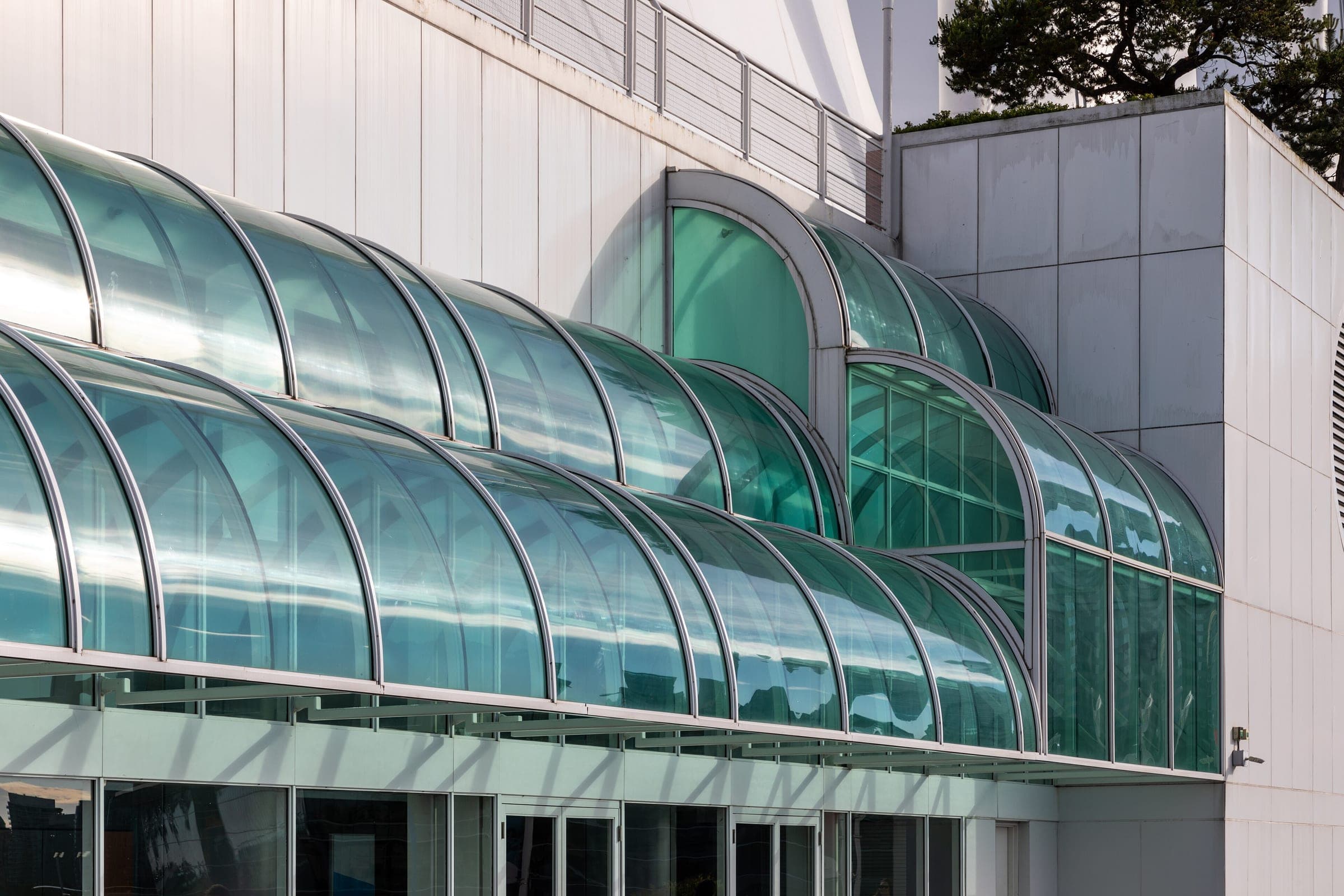 Curved glass panels on the Canada Place building on Vancouver's downtown waterfront.