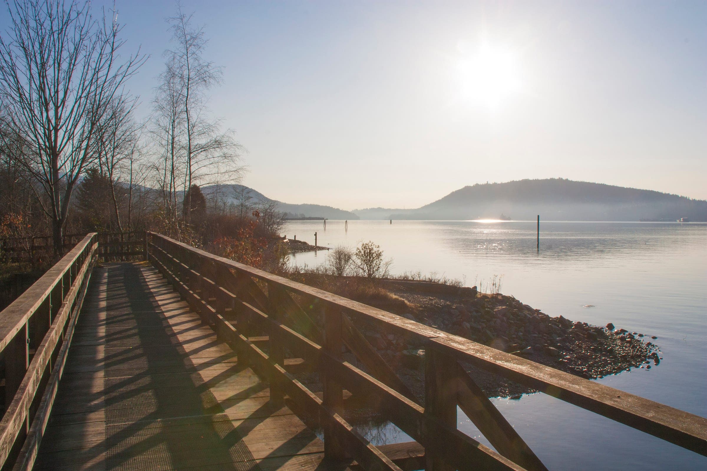 A wooden footbridge at Maplewood Flats looks across Burrard Inlet in low winter sun.