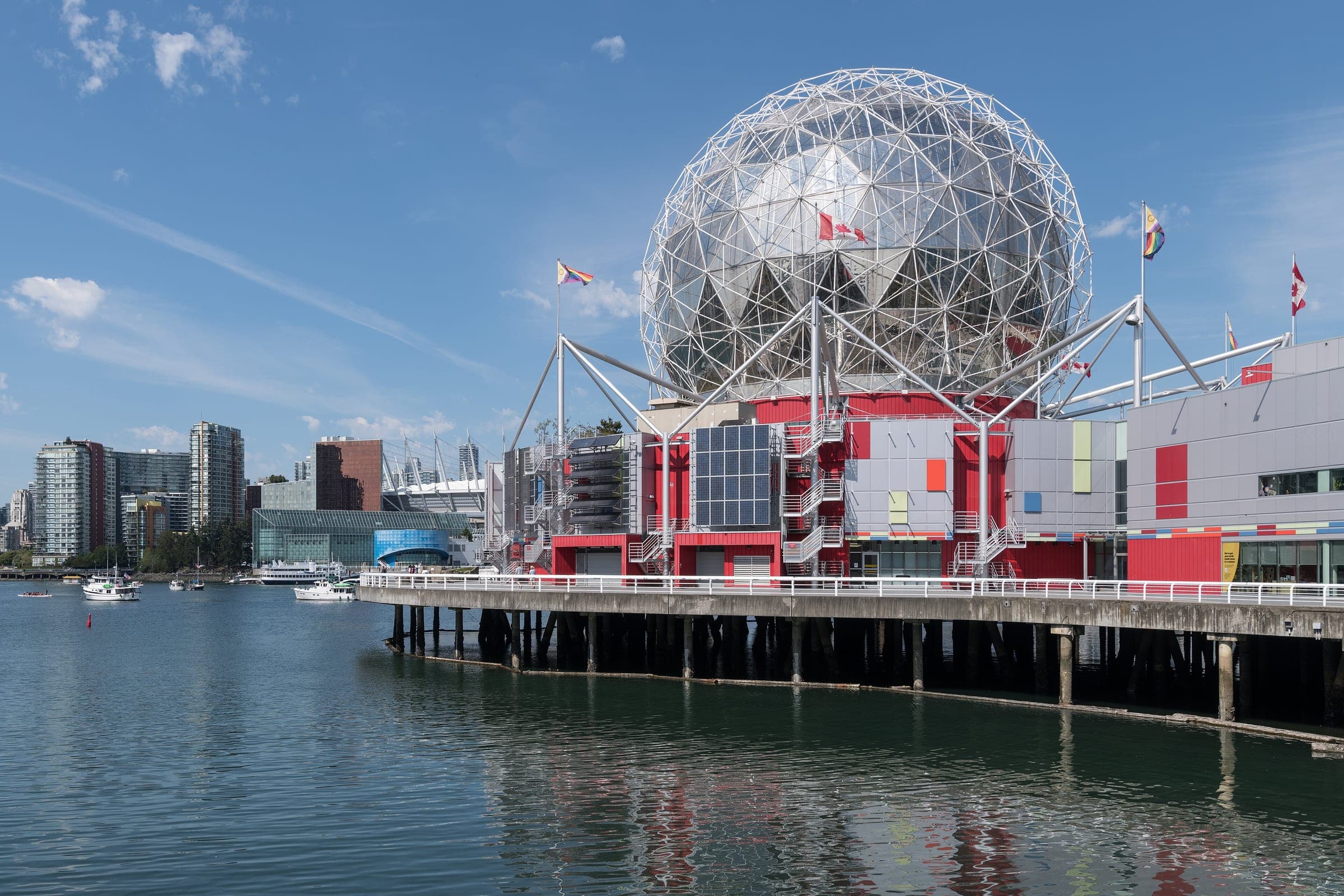 Science World's steel dome stands on its pier at the east end of False Creek in Vancouver.