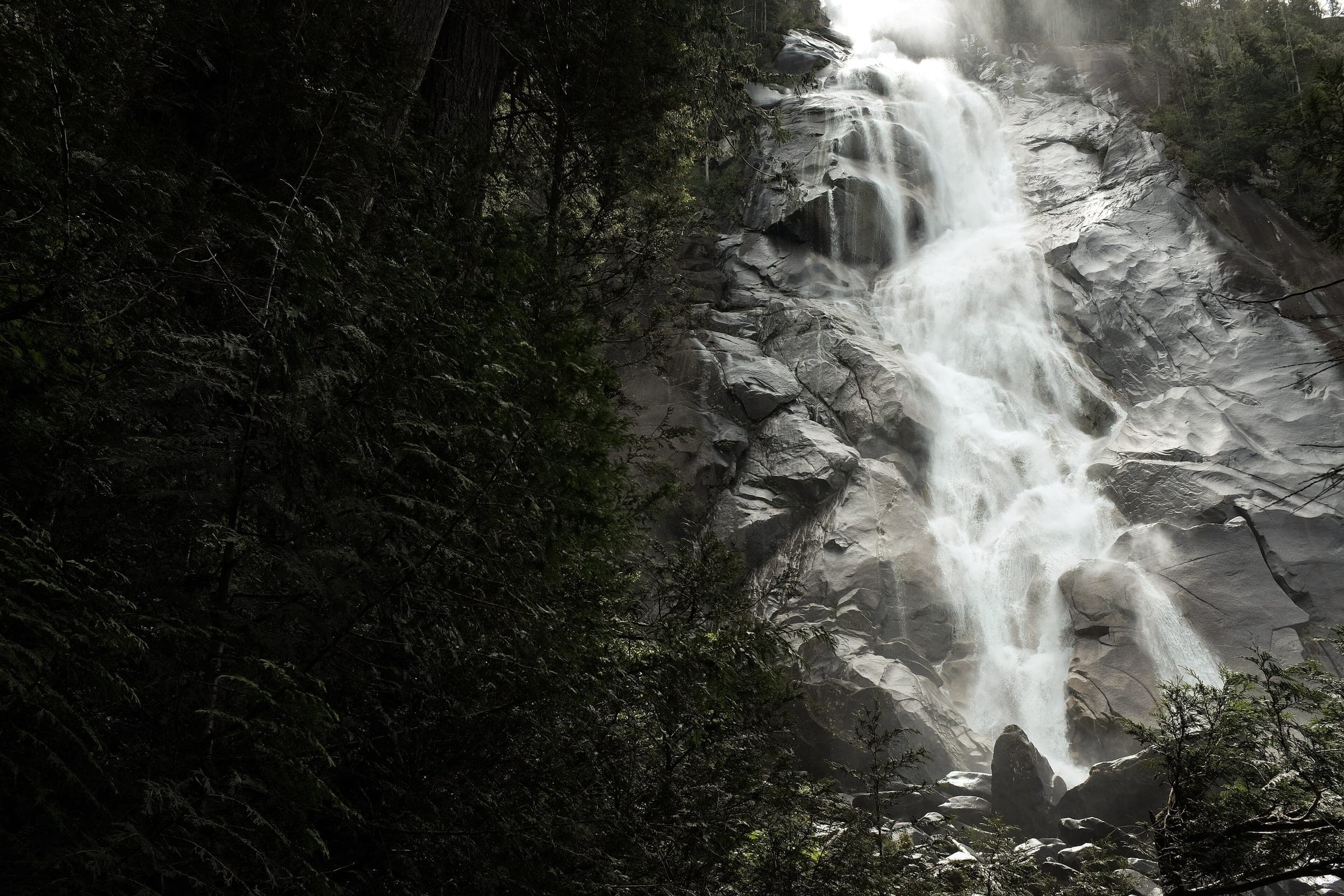 Shannon Falls pours down a granite face framed by dark forest near Squamish.