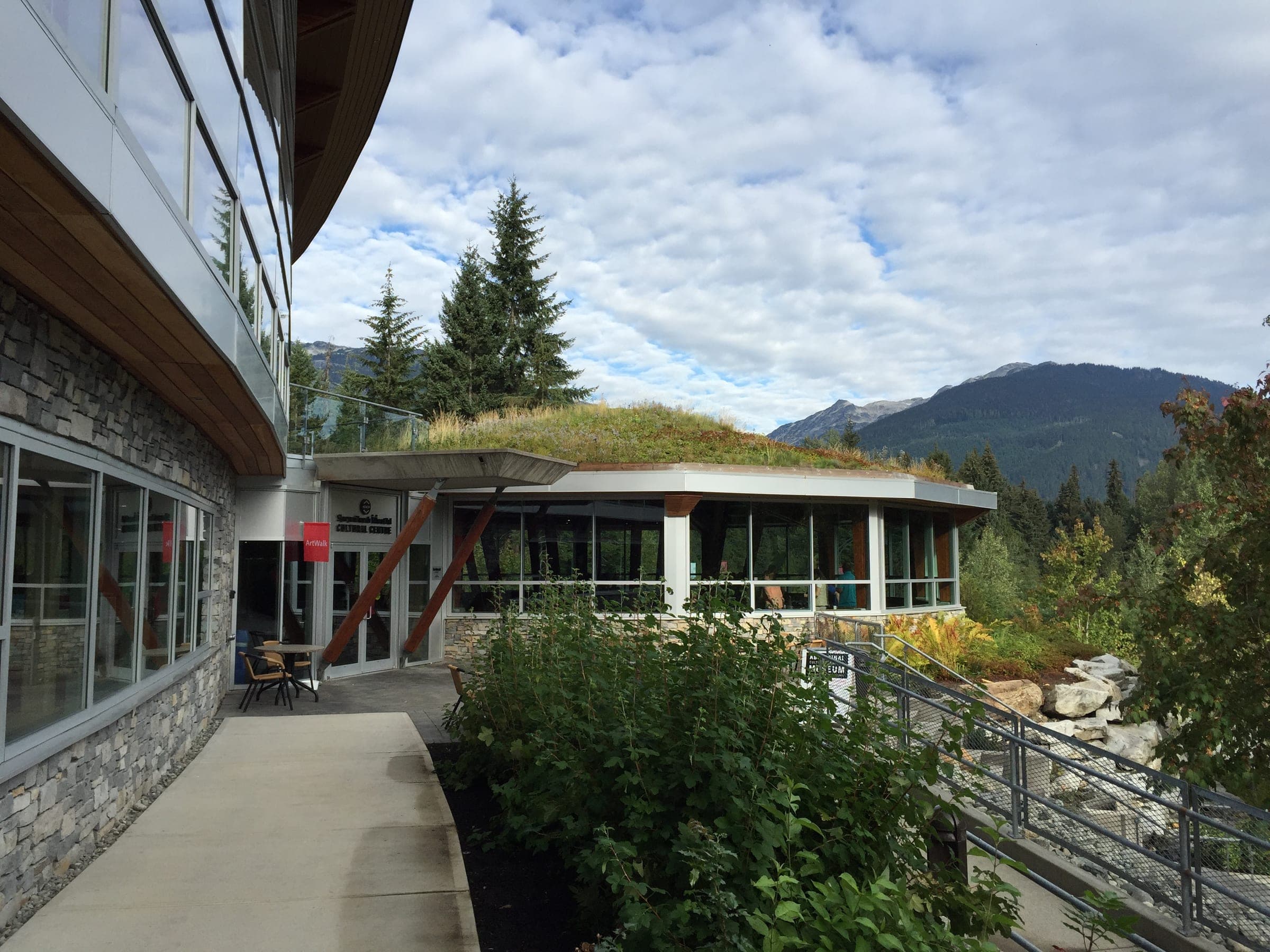 A walkway runs beside the green roof of the Squamish Lil'wat Cultural Centre in Whistler.