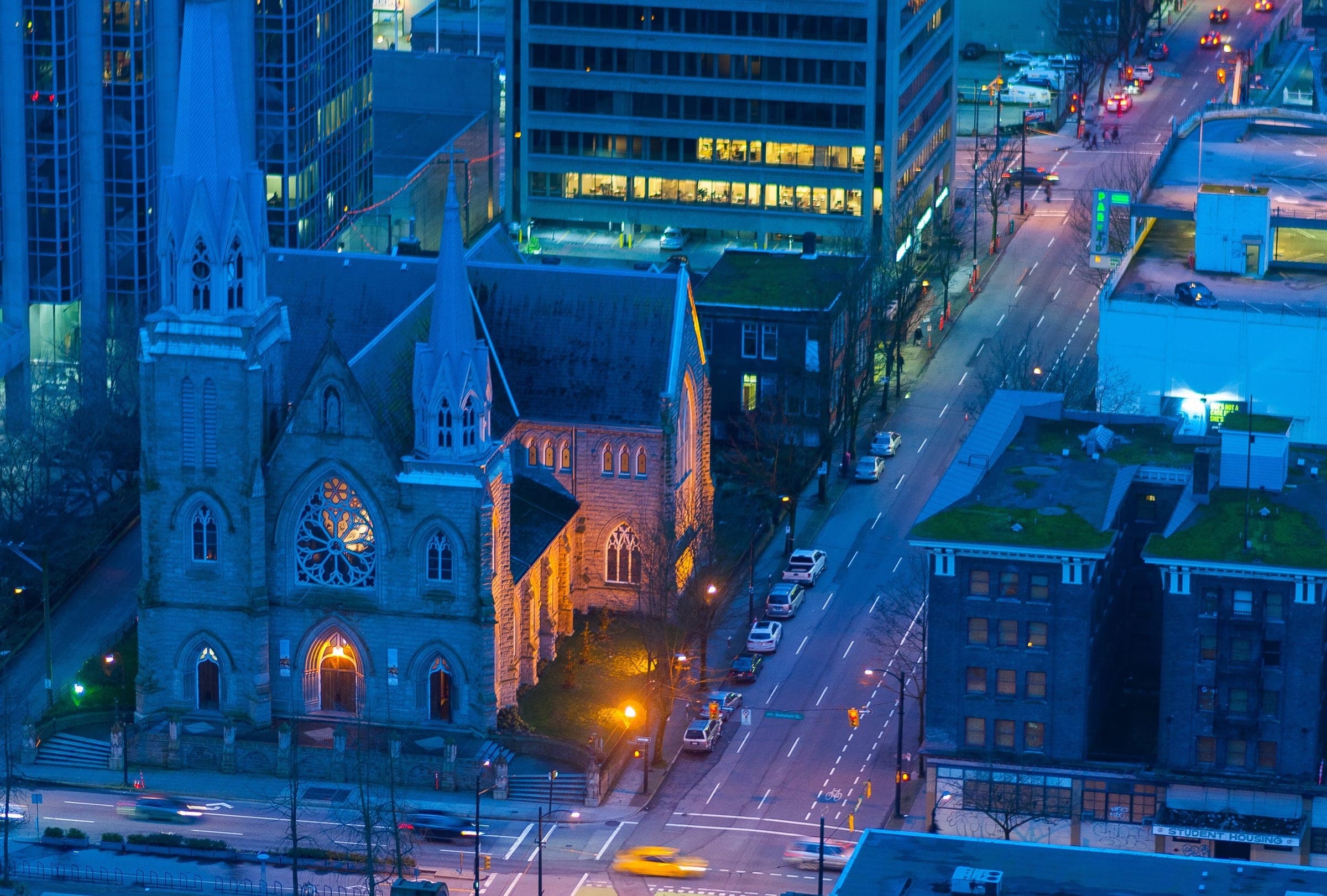Holy Rosary Cathedral glows at Dunsmuir and Richards streets in the view down from the Vancouver Lookout.