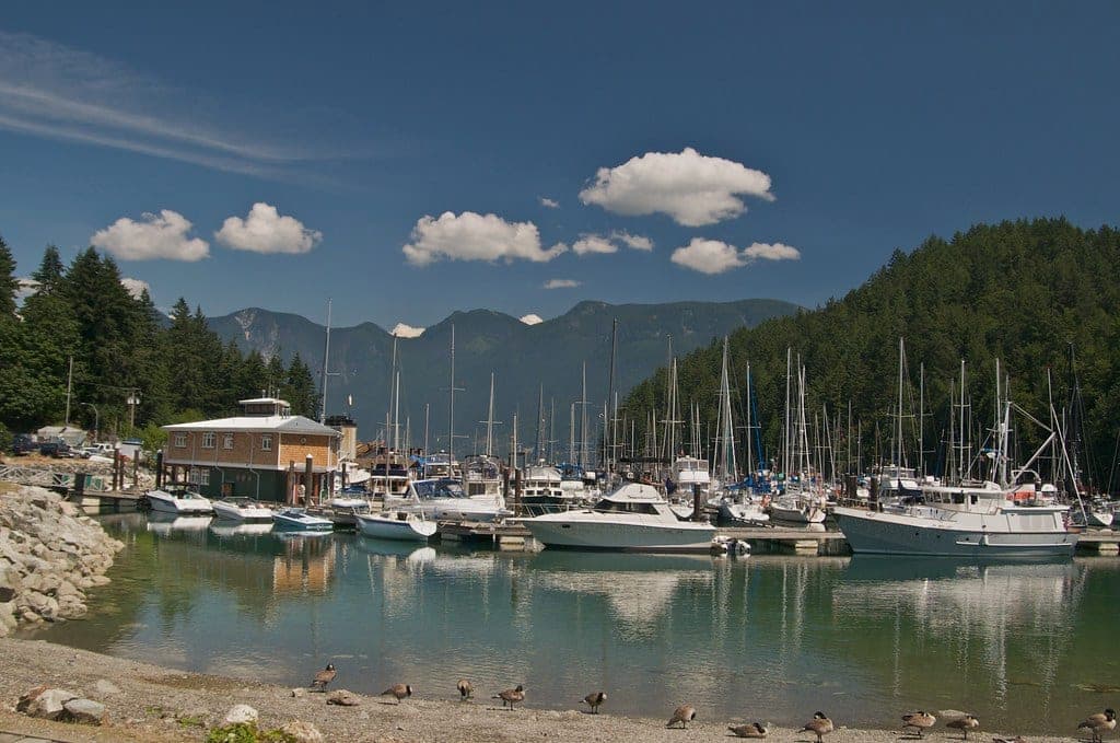 Sailboats and cruisers fill the Union Steamship marina in Snug Cove below the hills of Bowen Island.