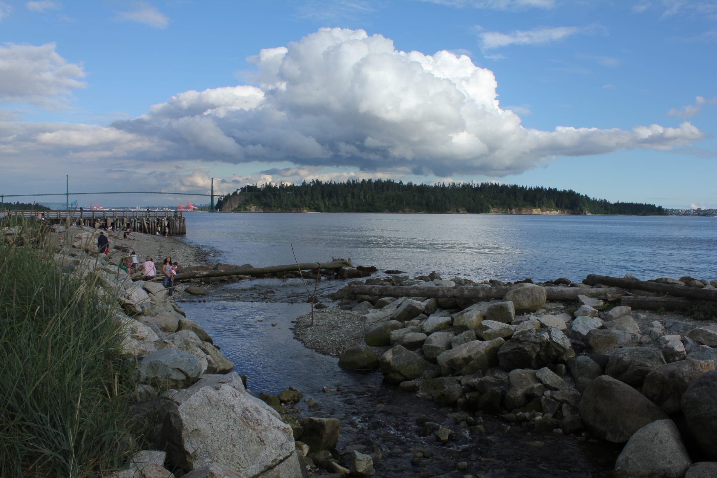 A tall summer cloud hangs over Stanley Park and the Lions Gate Bridge beyond the rocky shore at Ambleside.