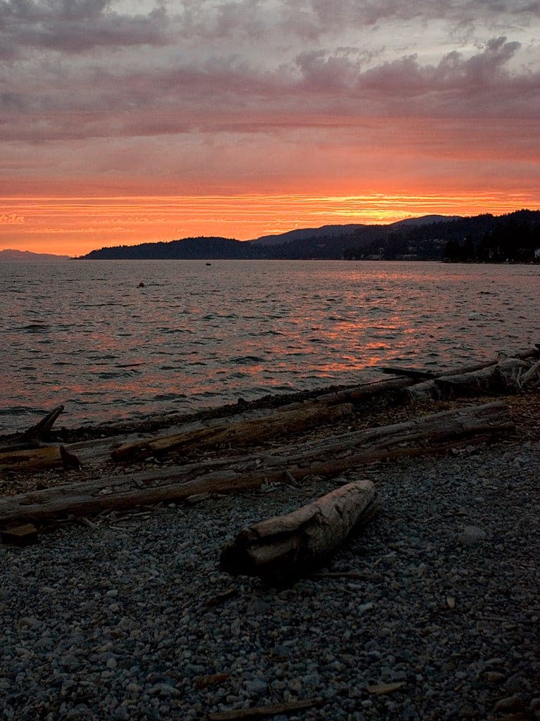 An orange sunset lights the water off Dundarave beach behind a pile of grey driftwood logs.