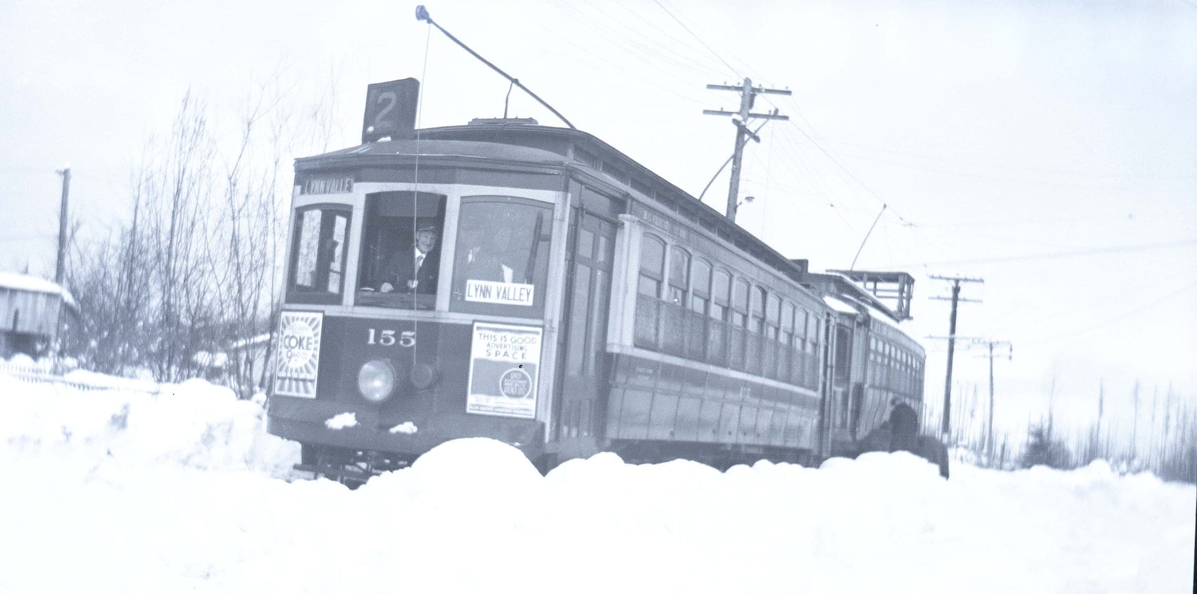 BC Electric streetcar 155 ploughs through deep snow on the old No. 2 Lynn Valley line in North Vancouver.