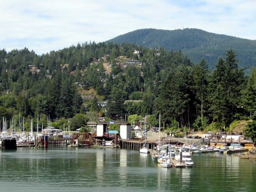 Boats fill the marina beside the ferry landing at Snug Cove below the forested hillside of Bowen Island.